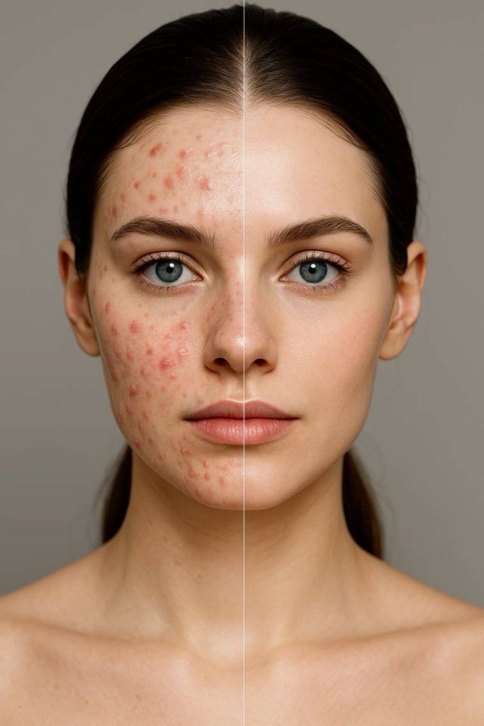 Дівчина з темним волоссям, її обличчя поділено лінією на дві частини: одна - ідеальна шкіра, а інша - з анке