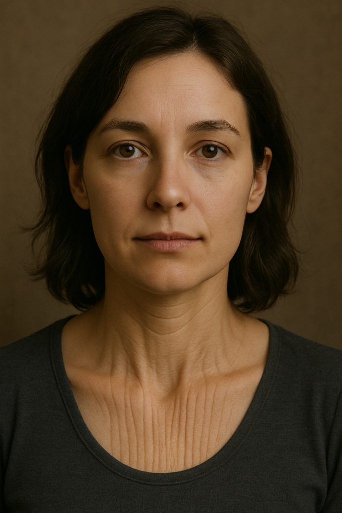 Портрет женщины, у нее вертикальные морщины на шее