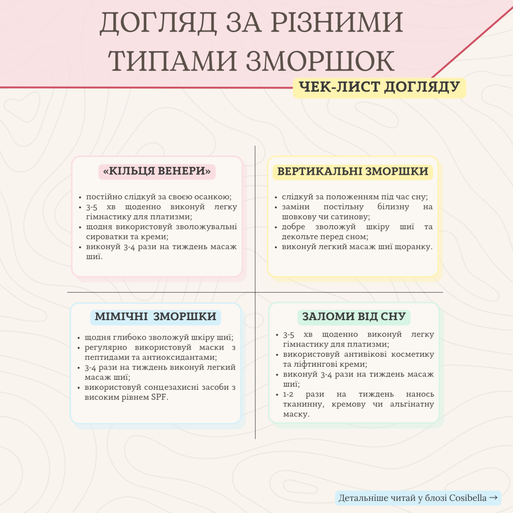 Чек-лист догляду за різними типами зморшок на шиї