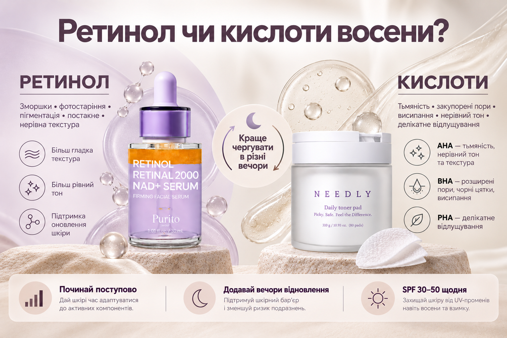 Кислоти і  ретинол для обличчя восени - властивості та використання