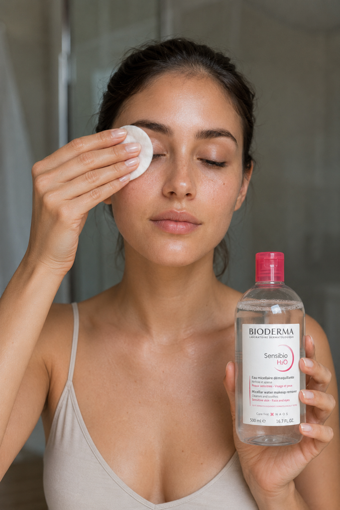 Девушка снимает макияж с глаз мицеллярной водой от Bioderma. Она удаляет макияж ватным диском, в правой руке у неё мицеллярная вода для чувствительной кожи — Sensibio H2O
