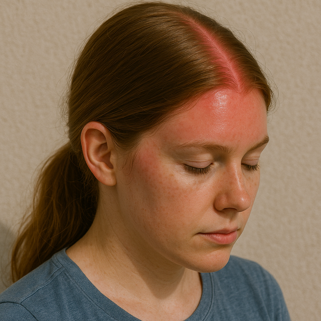 Русява дівчина сумна, у неї сонячний опік на голові