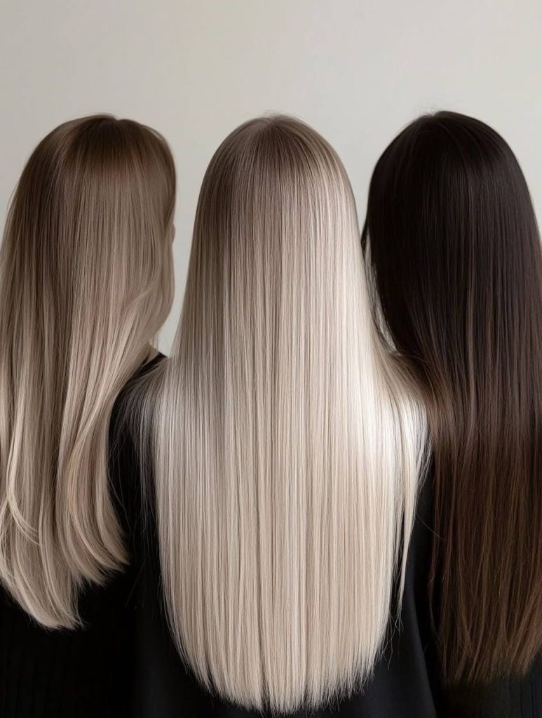 Три дівчини з довгим, рівним та блискучим волоссям стоять поряд спиною 