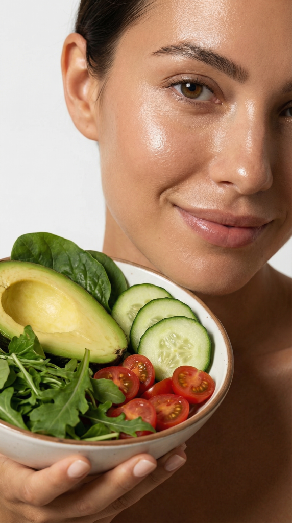 Дівчина тримає у руці тарілку з зеленню та овочами і посміхається