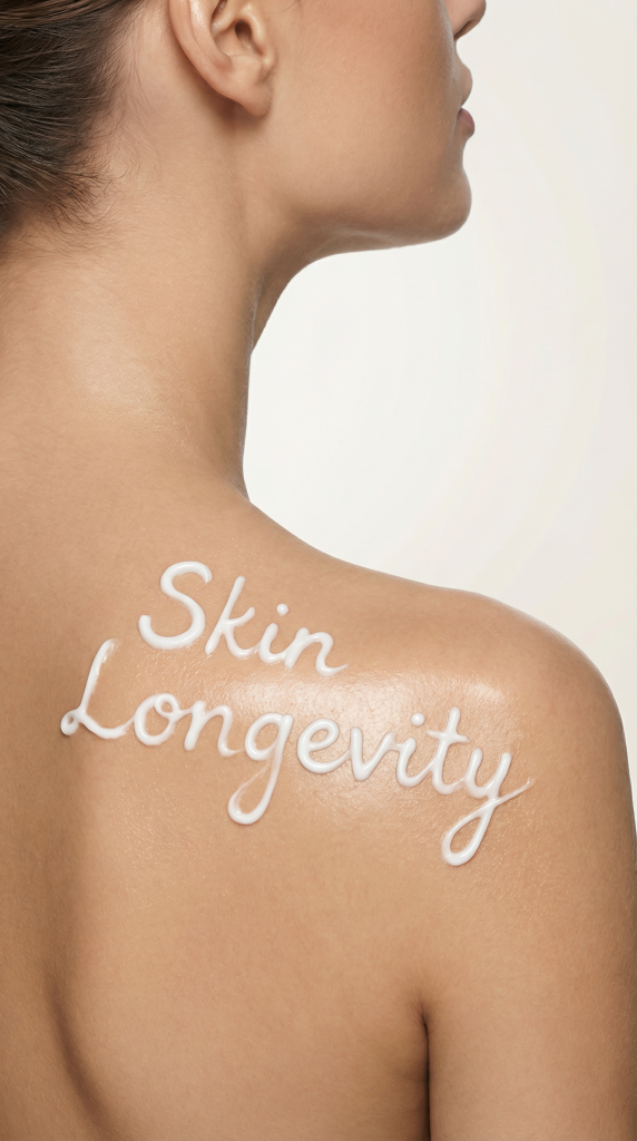 Оголена дівчина повекрнулася задом, а на спині у неї нaписано білим кремом skin longevity