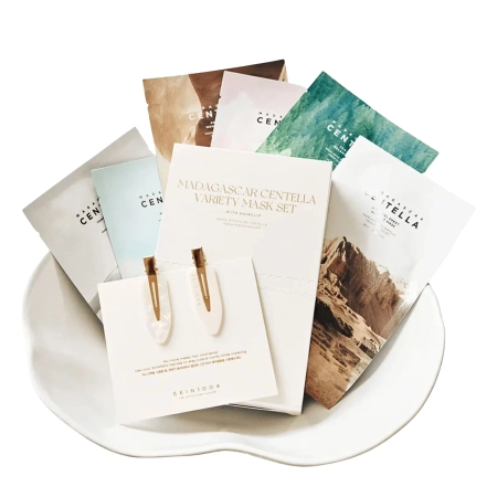 SKIN1004 - Madagascar Centella Variety Mask Set - Набор из 6 тканевых масок и зажимов для волос - 23ml + 25ml + 22ml + 23ml + 24ml + 25ml