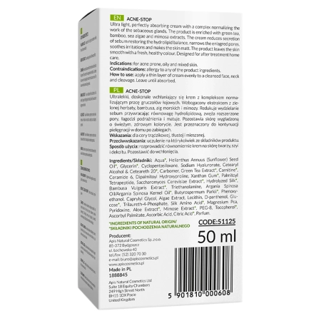 Apis - Home Terapis - Acne-Stop - Легкий нормалізуючий крем проти акне із зеленим чаєм - 50ml