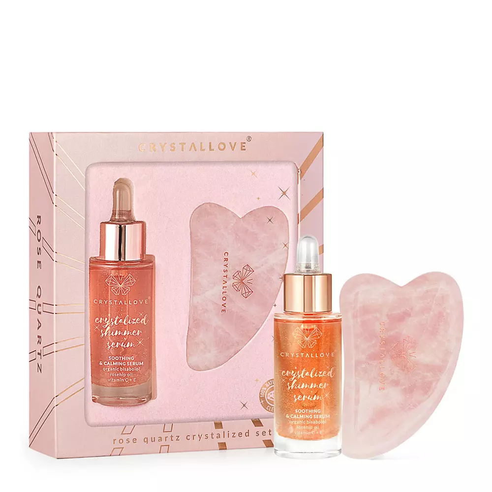 Crystallove - Rose Quartz Crystalized Set - Сыворотка для лица с розовым кварцем 30ml + Массажный камень Гуа Ша 