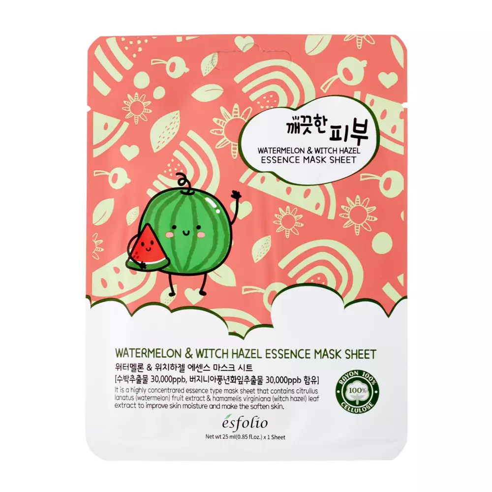 Esfolio - Pure Skin Watermelon & Witch Hazel Essence Mask Sheet - Увлажняющая тканевая маска с экстрактом арбуза - 25ml