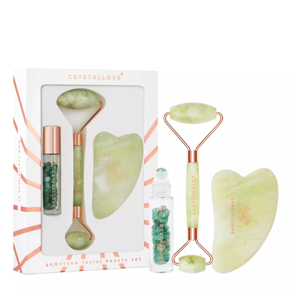 Crystallove - Jade Beauty Set - Набір: нефритовий масажер + нефритовий камінь Gua Sha + пляшечка з нефритом для олії